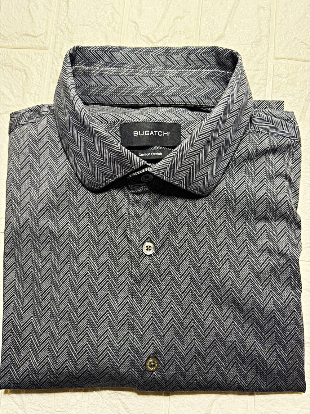 Bugatchi Men’s L Gray Herringbone Stretch Short Sleeve Spread Collar Button-Up